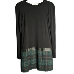 Bailey 44 Black Long Sleeve Drop Waist Dress Green Plaid Bottom Size XS